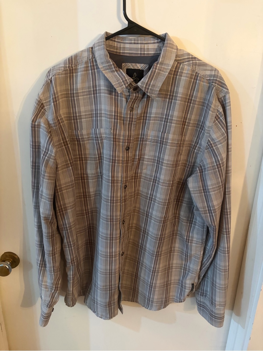 Prana Men's Plaid Button-Down Shirt in Gray and Tan Stripes